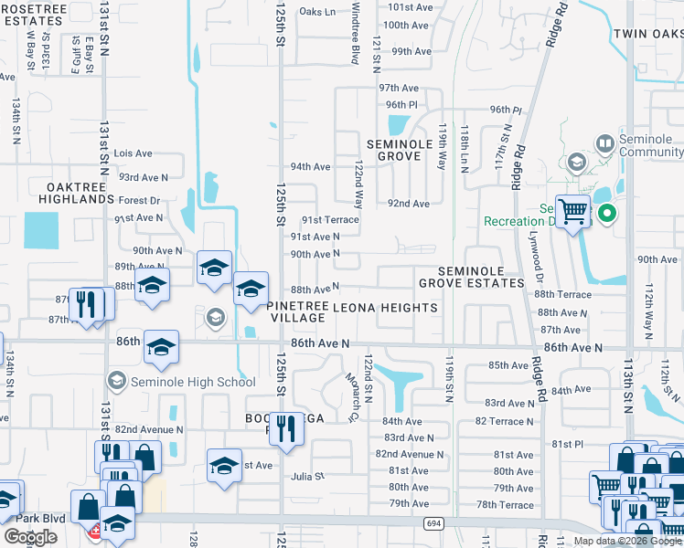 map of restaurants, bars, coffee shops, grocery stores, and more near 12312 89th Terrace in Seminole