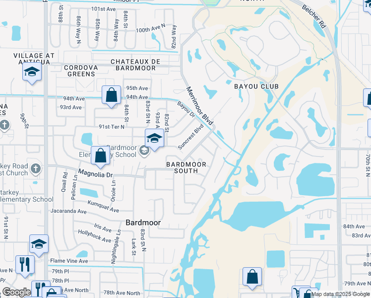 map of restaurants, bars, coffee shops, grocery stores, and more near 9013 Suncrest Boulevard in Seminole