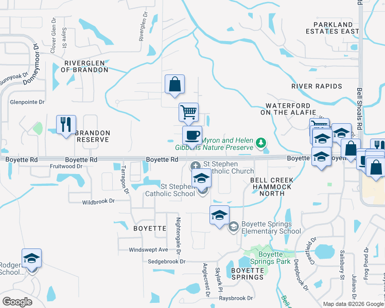 map of restaurants, bars, coffee shops, grocery stores, and more near 12710 Boyette Road in Riverview