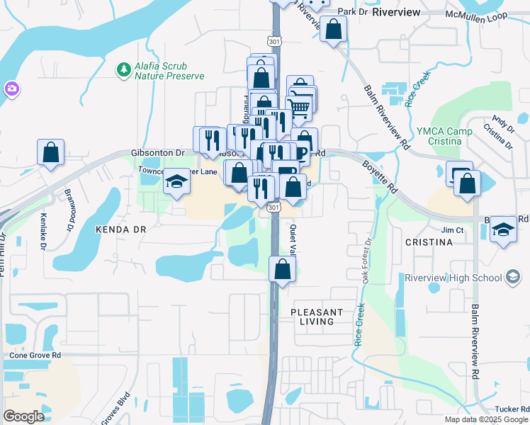 map of restaurants, bars, coffee shops, grocery stores, and more near 10011 U.S. 301 in Riverview