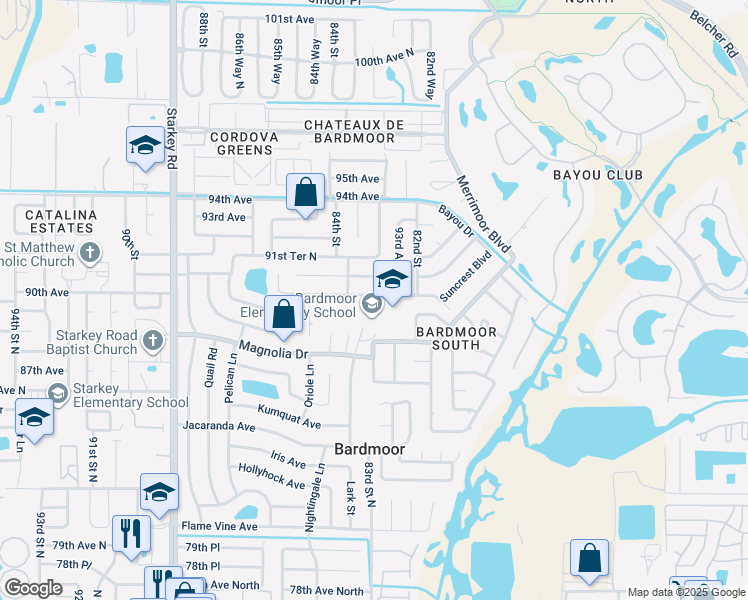 map of restaurants, bars, coffee shops, grocery stores, and more near 8900 Greenbriar Road in Seminole