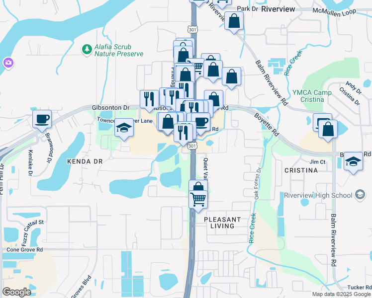 map of restaurants, bars, coffee shops, grocery stores, and more near 10011 U.S. 301 in Riverview
