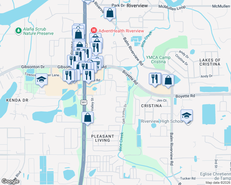 map of restaurants, bars, coffee shops, grocery stores, and more near 10920 Tall Oak Circle in Riverview