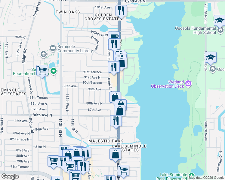 map of restaurants, bars, coffee shops, grocery stores, and more near 8933 108th Street North in Seminole