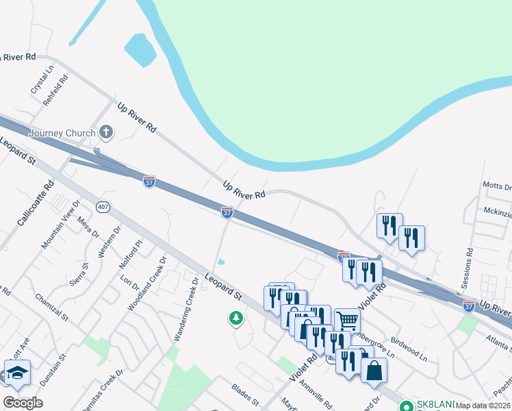 map of restaurants, bars, coffee shops, grocery stores, and more near 11551 Up River Road in Corpus Christi