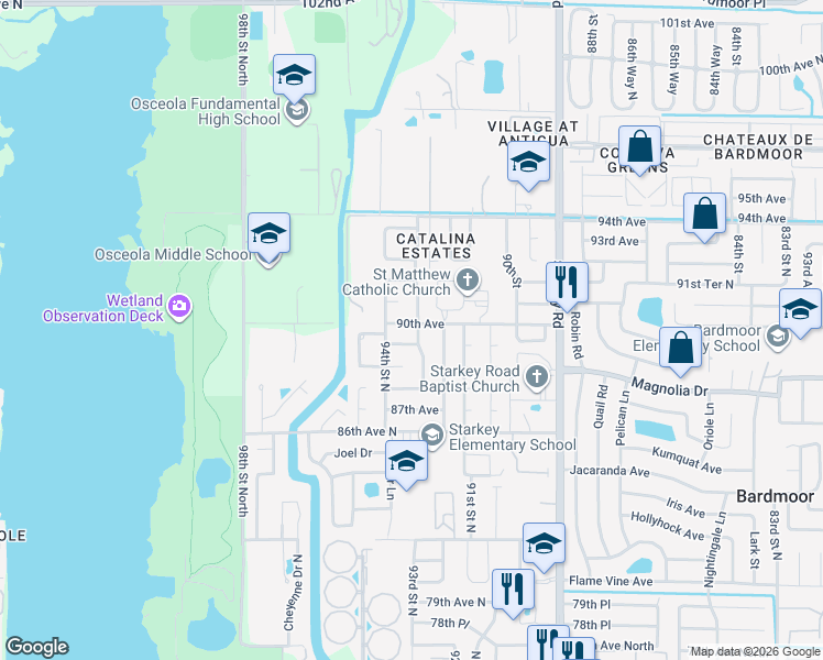 map of restaurants, bars, coffee shops, grocery stores, and more near 9347 89th Avenue North in Seminole