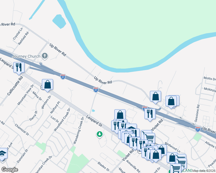 map of restaurants, bars, coffee shops, grocery stores, and more near 11551 Up River Road in Corpus Christi