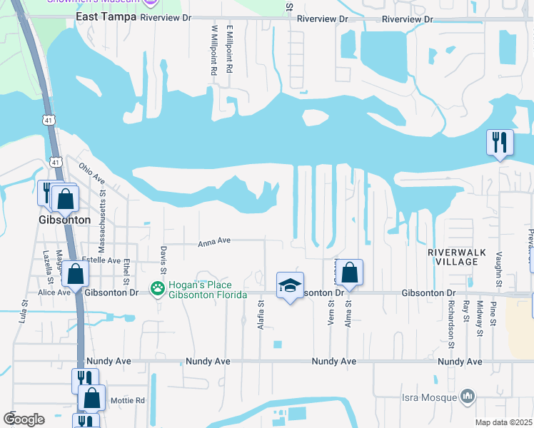 map of restaurants, bars, coffee shops, grocery stores, and more near 7610 Anna Avenue in Gibsonton