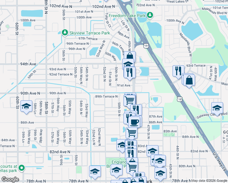 map of restaurants, bars, coffee shops, grocery stores, and more near 5001 89th Terrace North in Pinellas Park