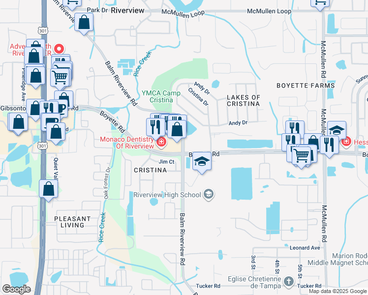 map of restaurants, bars, coffee shops, grocery stores, and more near in Riverview