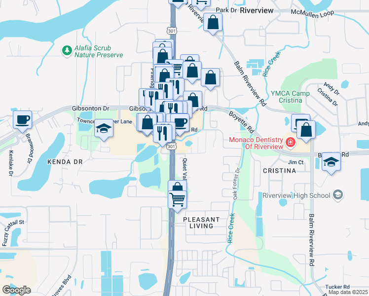 map of restaurants, bars, coffee shops, grocery stores, and more near 10028 U.S. 301 in Riverview