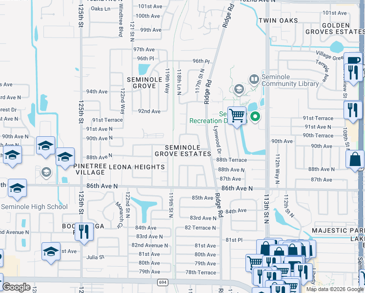 map of restaurants, bars, coffee shops, grocery stores, and more near 8909 118th Way in Seminole
