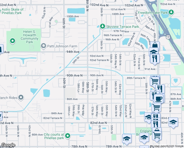 map of restaurants, bars, coffee shops, grocery stores, and more near 5700 90th Avenue North in Pinellas Park
