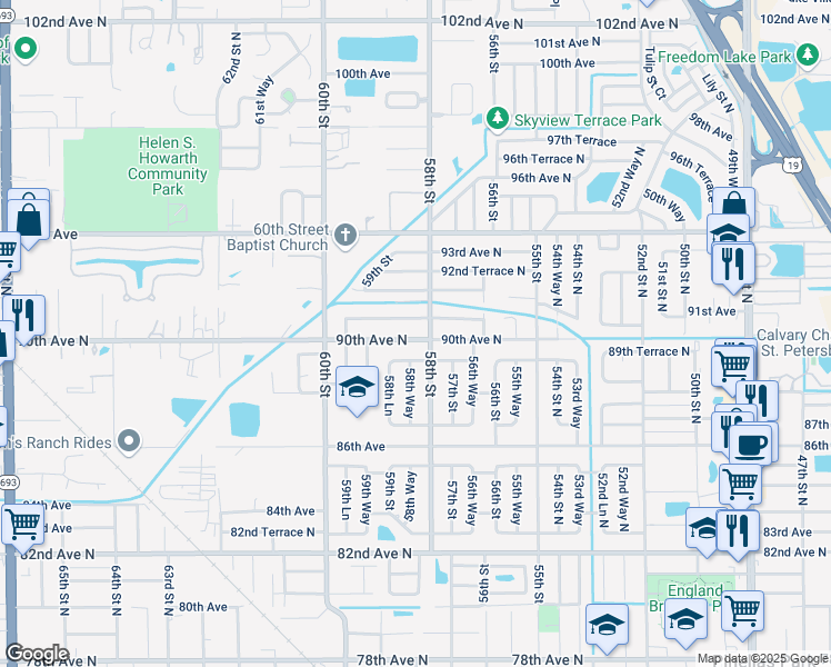 map of restaurants, bars, coffee shops, grocery stores, and more near 5820 90th Avenue North in Pinellas Park