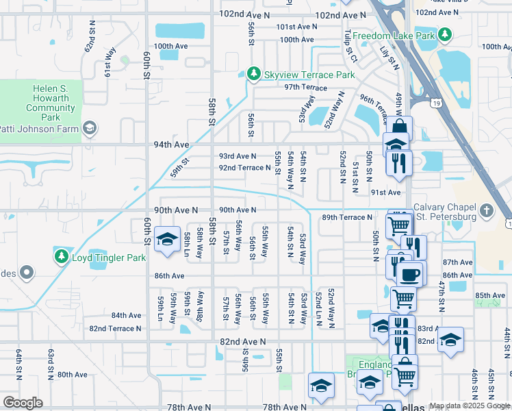 map of restaurants, bars, coffee shops, grocery stores, and more near 5600 90th Avenue North in Pinellas Park
