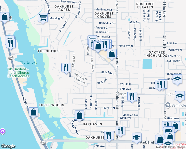 map of restaurants, bars, coffee shops, grocery stores, and more near 9005 140th Way North in Seminole