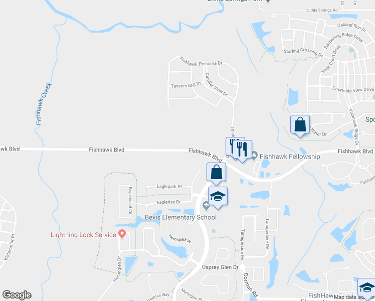 map of restaurants, bars, coffee shops, grocery stores, and more near 14500 Fishhawk Boulevard in Lithia