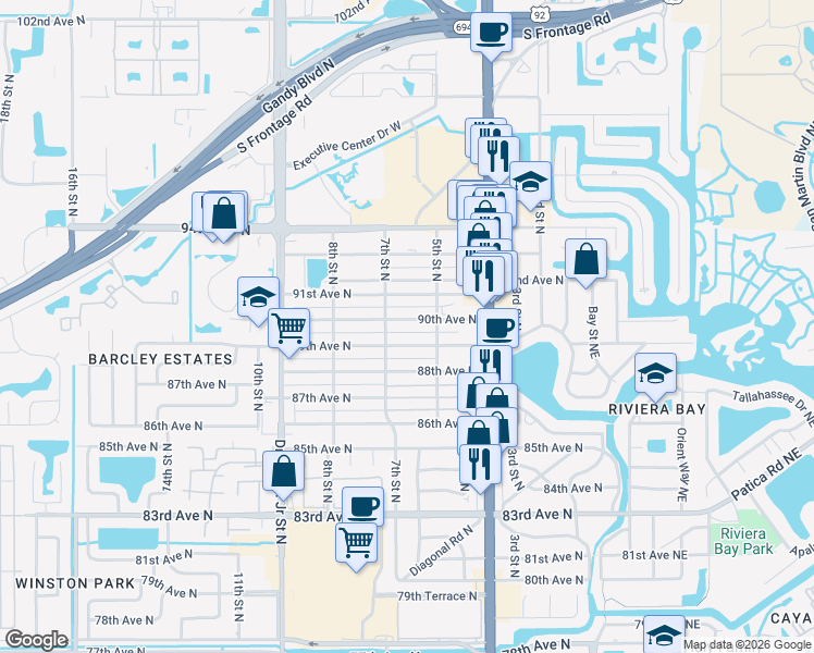 map of restaurants, bars, coffee shops, grocery stores, and more near 629 89th Avenue North in St. Petersburg