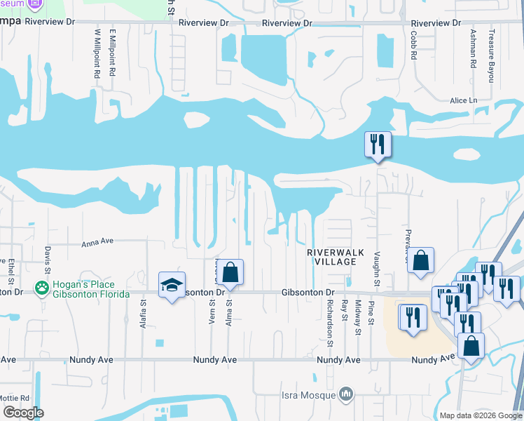 map of restaurants, bars, coffee shops, grocery stores, and more near 9929 Alavista Drive in Gibsonton