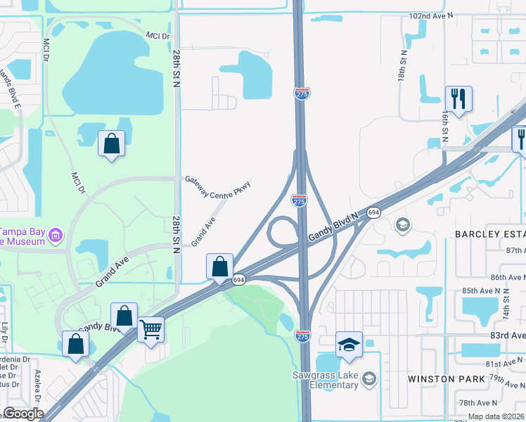 map of restaurants, bars, coffee shops, grocery stores, and more near Gandy Boulevard in St. Petersburg