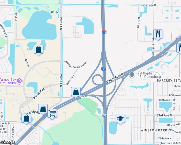 map of restaurants, bars, coffee shops, grocery stores, and more near Gandy Boulevard in St. Petersburg