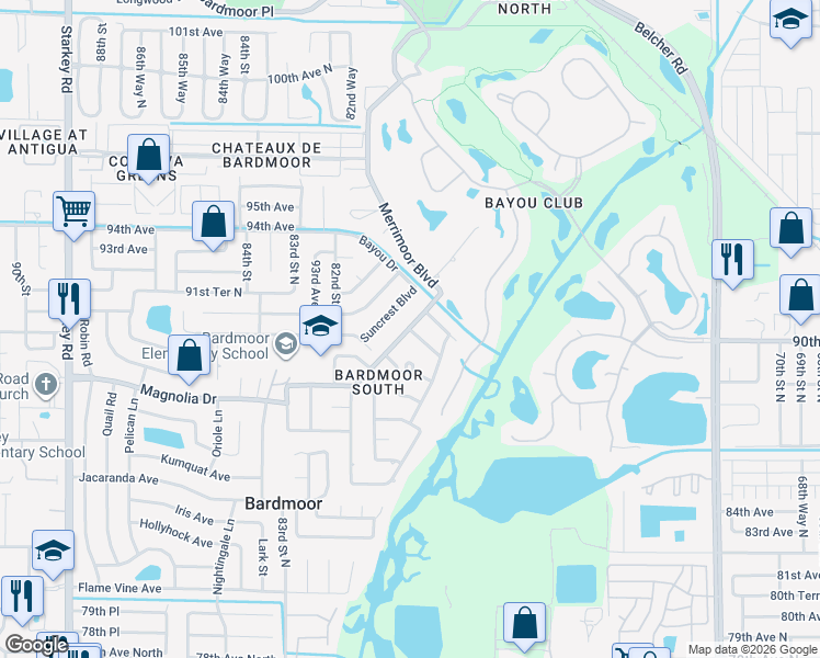 map of restaurants, bars, coffee shops, grocery stores, and more near 9045 Merrimoor Boulevard in Seminole