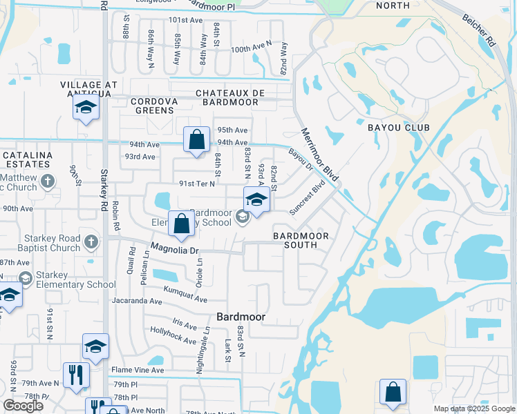 map of restaurants, bars, coffee shops, grocery stores, and more near 8900 Greenbriar Road in Seminole