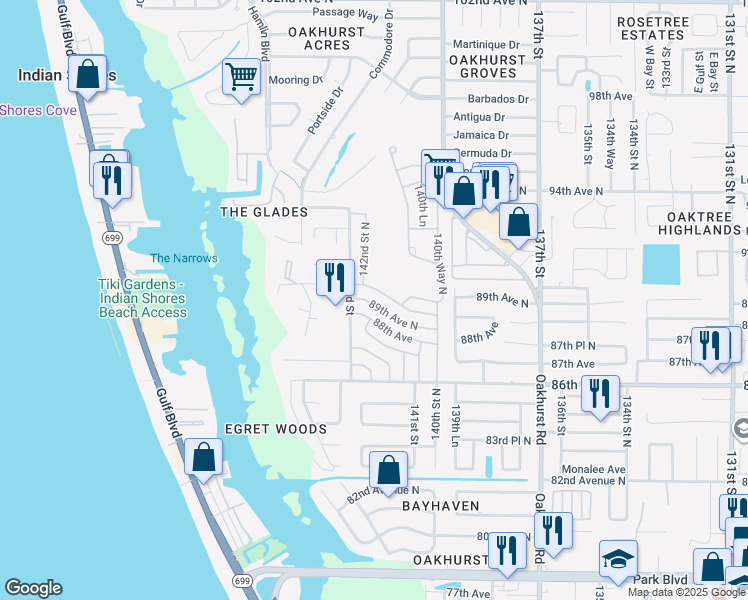 map of restaurants, bars, coffee shops, grocery stores, and more near 14157 89th Avenue in Seminole