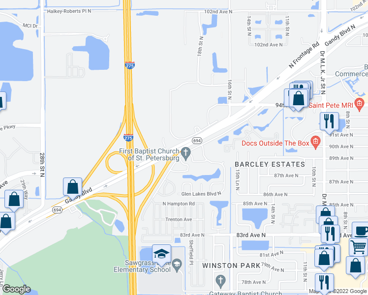 map of restaurants, bars, coffee shops, grocery stores, and more near 1200 Gandy Boulevard North in Saint Petersburg