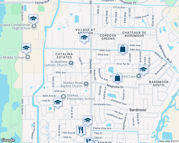 map of restaurants, bars, coffee shops, grocery stores, and more near 8911 90th Avenue in Seminole