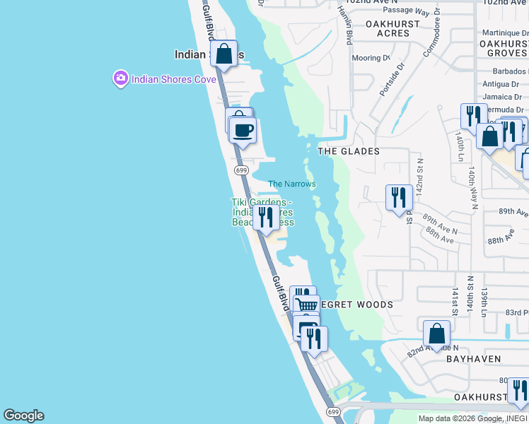 map of restaurants, bars, coffee shops, grocery stores, and more near 19601 Gulf Boulevard in Indian Shores