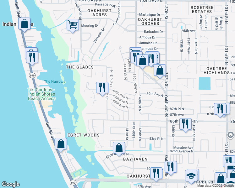 map of restaurants, bars, coffee shops, grocery stores, and more near 14142 90th Avenue in Seminole