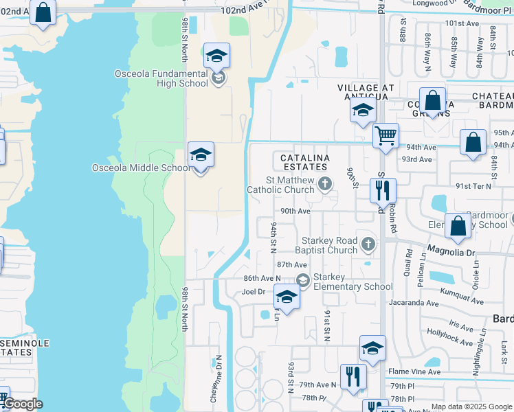map of restaurants, bars, coffee shops, grocery stores, and more near 9021 95th Street North in Seminole