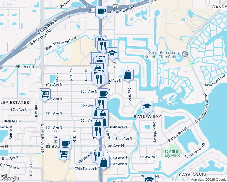 map of restaurants, bars, coffee shops, grocery stores, and more near 9031 2nd Street North in St. Petersburg