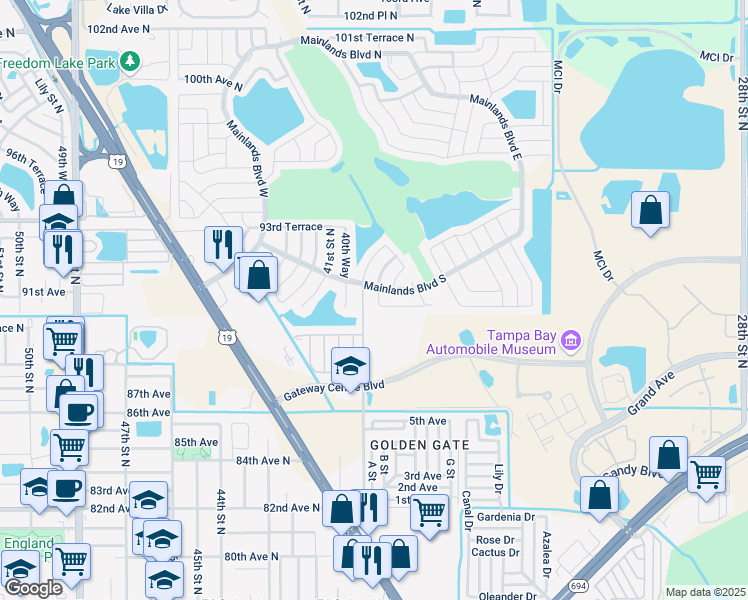 map of restaurants, bars, coffee shops, grocery stores, and more near 9042 39th Lane North in Pinellas Park