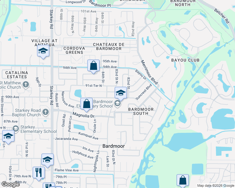 map of restaurants, bars, coffee shops, grocery stores, and more near 8275 Rose Terrace North in Seminole