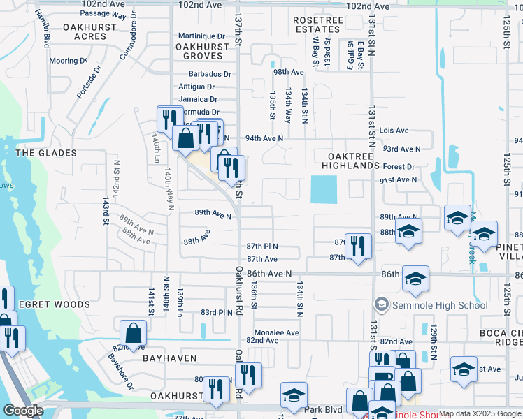 map of restaurants, bars, coffee shops, grocery stores, and more near 13600 Claredon Road in Seminole