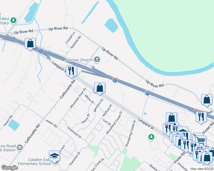 map of restaurants, bars, coffee shops, grocery stores, and more near 11930 Leopard Street in Corpus Christi