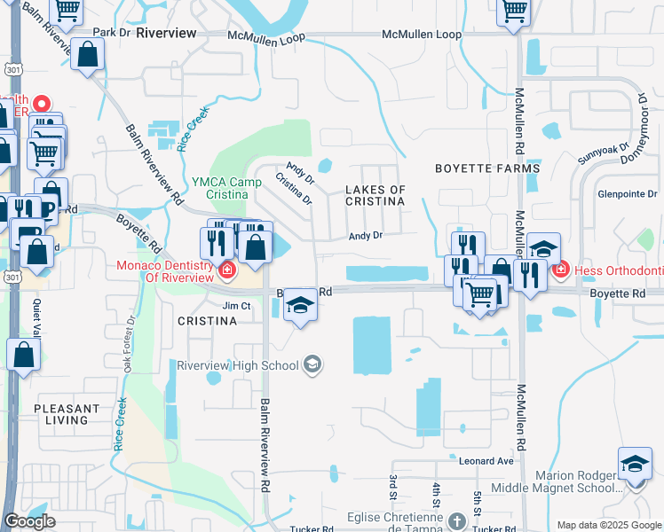 map of restaurants, bars, coffee shops, grocery stores, and more near 10022 Cristina Drive in Riverview