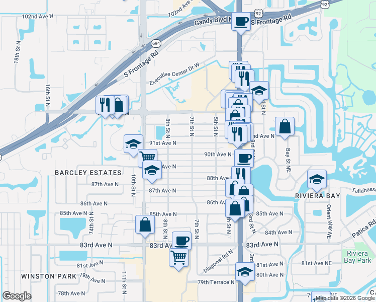 map of restaurants, bars, coffee shops, grocery stores, and more near 636 91st Avenue North in St. Petersburg