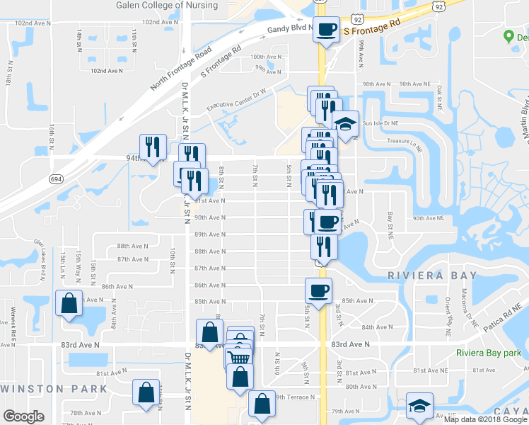 map of restaurants, bars, coffee shops, grocery stores, and more near 636 91st Avenue North in St. Petersburg