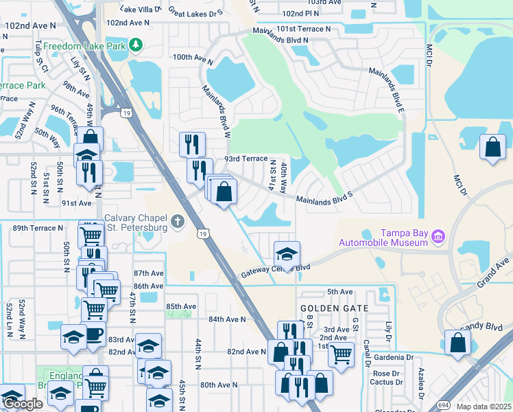 map of restaurants, bars, coffee shops, grocery stores, and more near 9104 41st Way in Pinellas Park