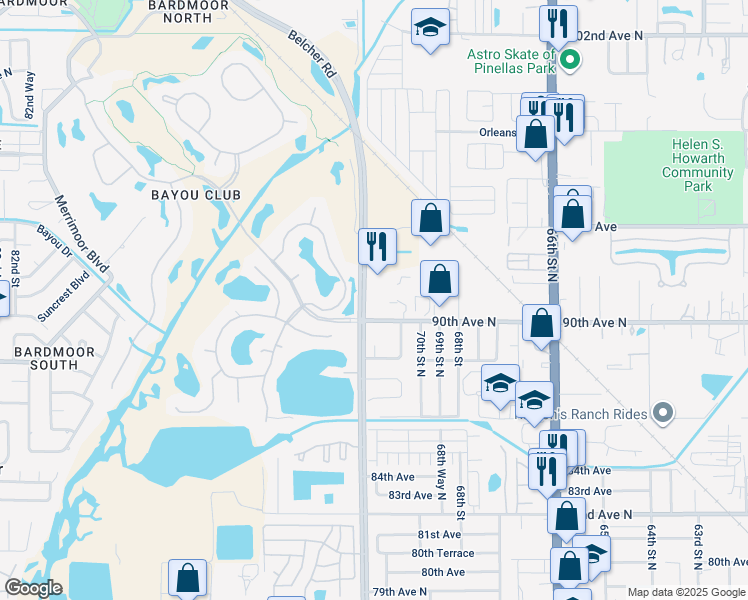 map of restaurants, bars, coffee shops, grocery stores, and more near 9085 Belcher Road North in Pinellas Park