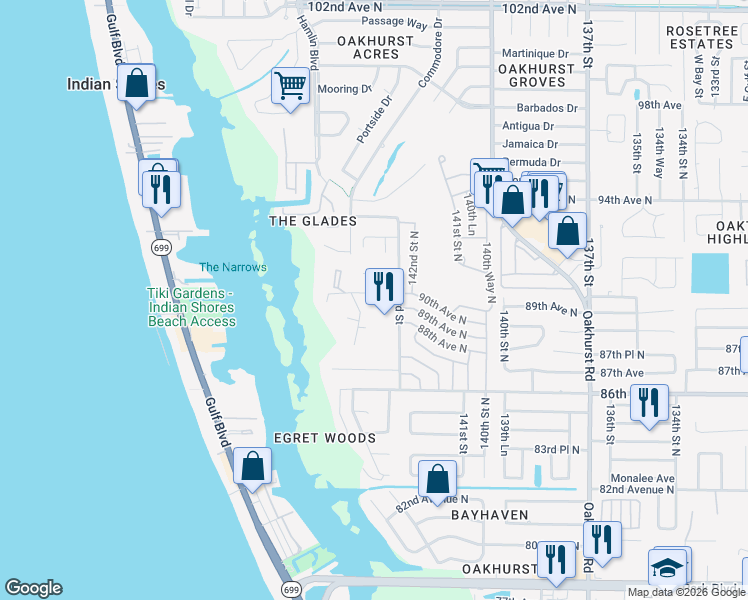 map of restaurants, bars, coffee shops, grocery stores, and more near 14389 90th Avenue in Seminole