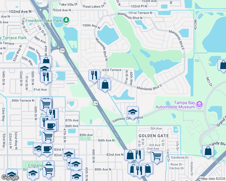 map of restaurants, bars, coffee shops, grocery stores, and more near 9104 41st Way in Pinellas Park