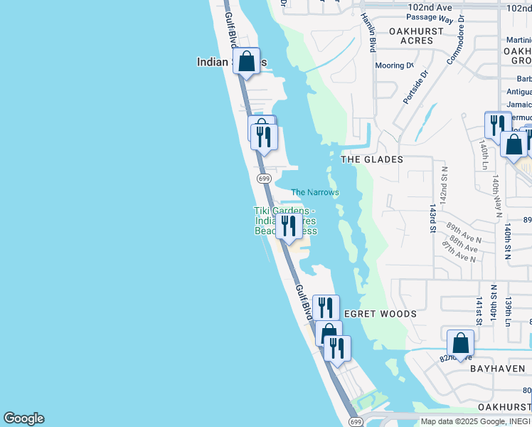 map of restaurants, bars, coffee shops, grocery stores, and more near 19610 Gulf Boulevard in Indian Shores