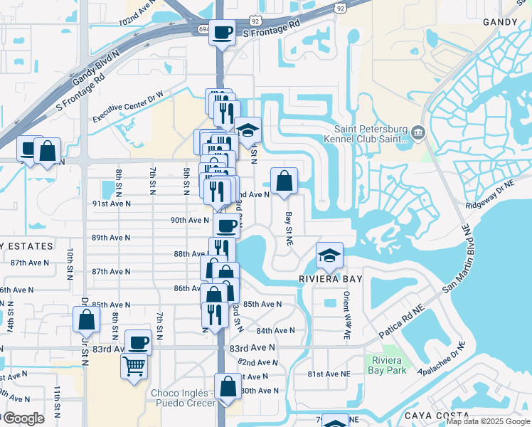 map of restaurants, bars, coffee shops, grocery stores, and more near 9018 1st Street North in Saint Petersburg