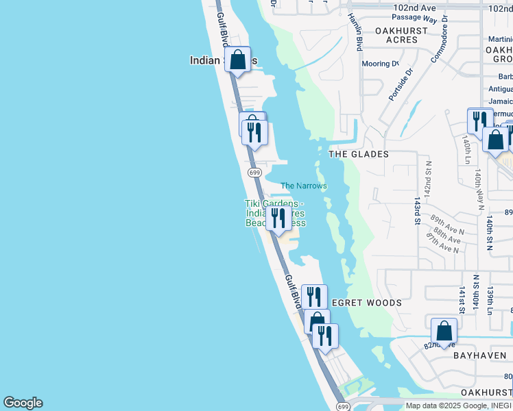 map of restaurants, bars, coffee shops, grocery stores, and more near 19610 Gulf Boulevard in Indian Shores