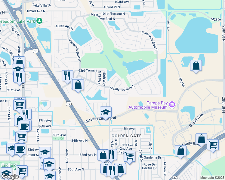 map of restaurants, bars, coffee shops, grocery stores, and more near 9042 39th Lane North in Pinellas Park