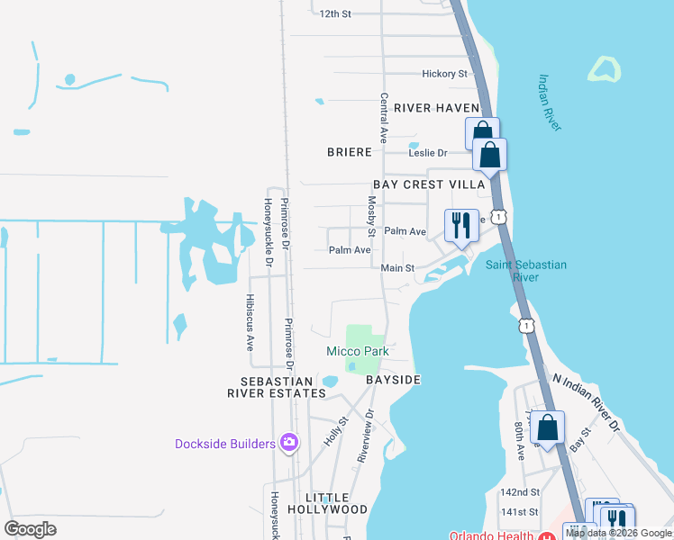 map of restaurants, bars, coffee shops, grocery stores, and more near 3770 Main Street in Sebastian